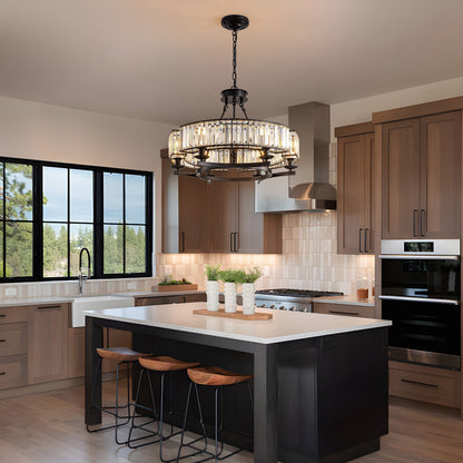Round Overhead Fixture with Hanging Prisms for Dining Areas, Open-Concept Kitchens & Farmhouse Interiors | Adjustable Height, Wagon Wheel Fr