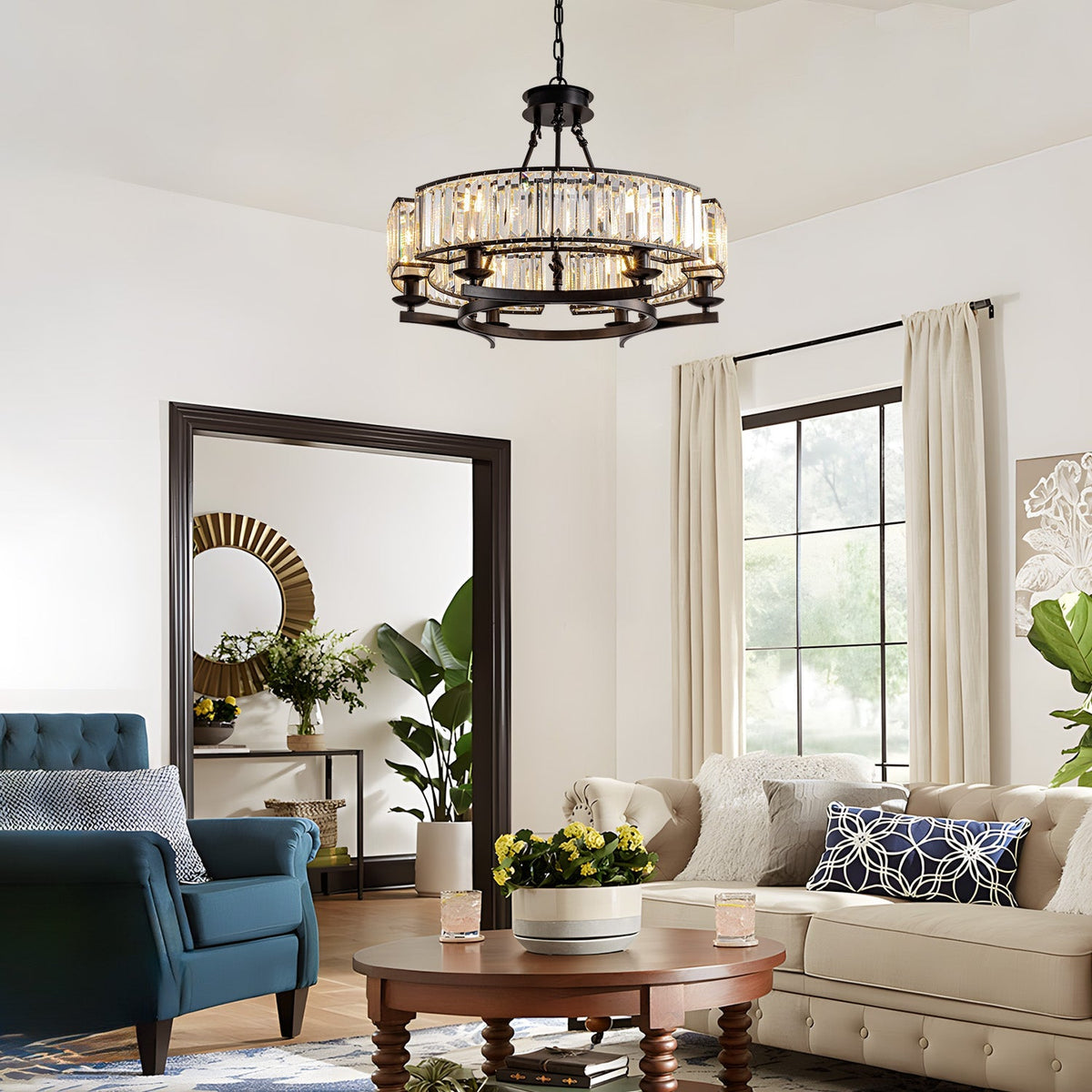 Round Overhead Fixture with Hanging Prisms for Dining Areas, Open-Concept Kitchens & Farmhouse Interiors | Adjustable Height, Wagon Wheel Fr
