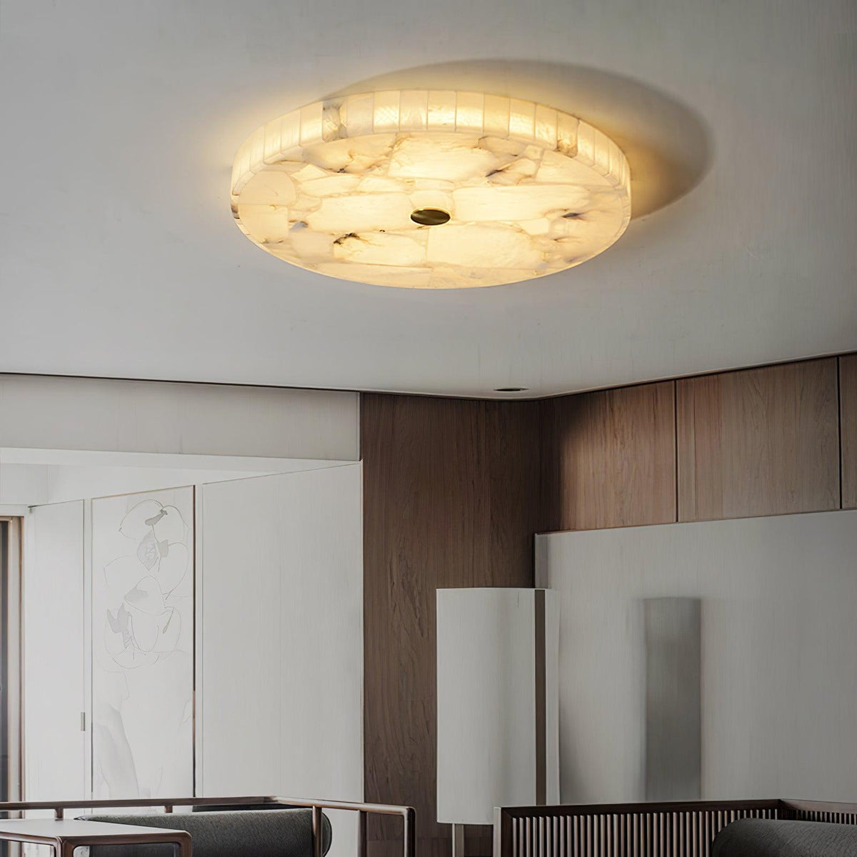 Ultra-Slim LED Flush Mount Light Fixture 2 in Profile Alabaster Dome Gold Accent Adjustable Color Temperature for Bedroom Living Room Entryw