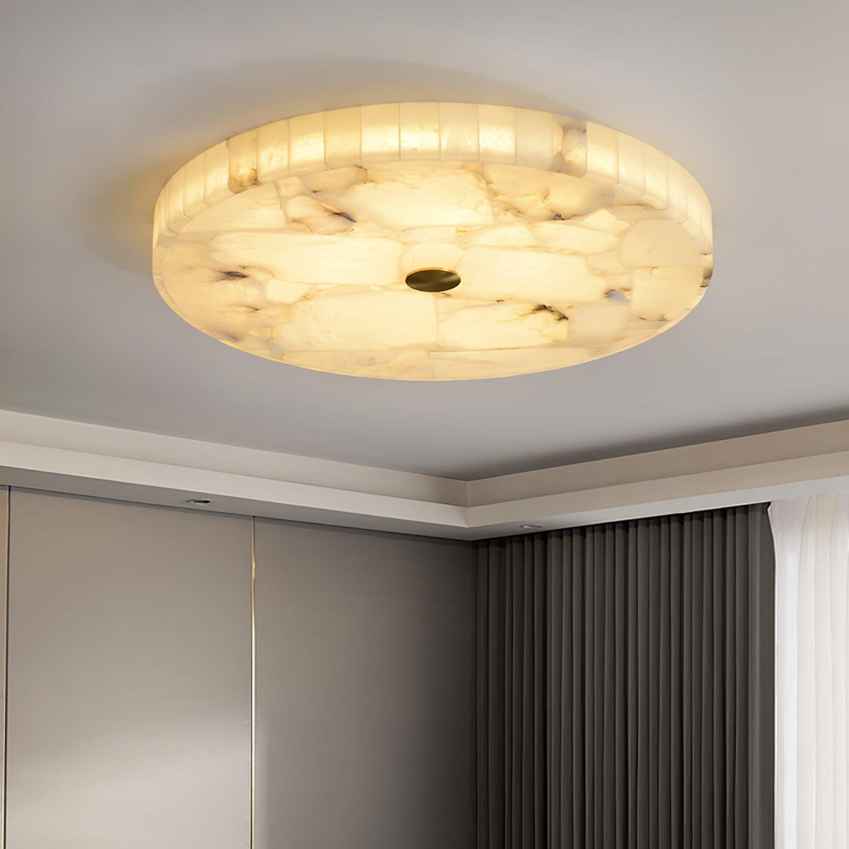 Ultra-Slim LED Flush Mount Light Fixture 2 in Profile Alabaster Dome Gold Accent Adjustable Color Temperature for Bedroom Living Room Entryw