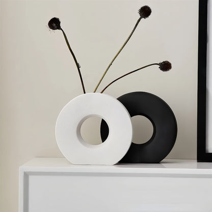 Round Ceramic Donut Flower Vase with Matte Finish for Modern Minimalist Home Decor