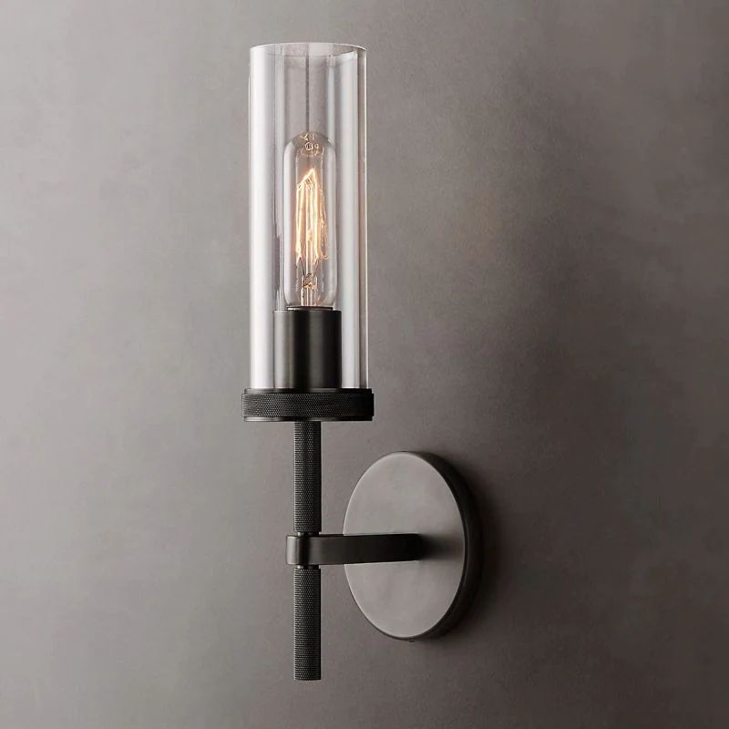 Cylindrical Glass Wall Sconce Light Fixture with Metal Backplate for Hallway Bedroom Living Room Entryway Bathroom