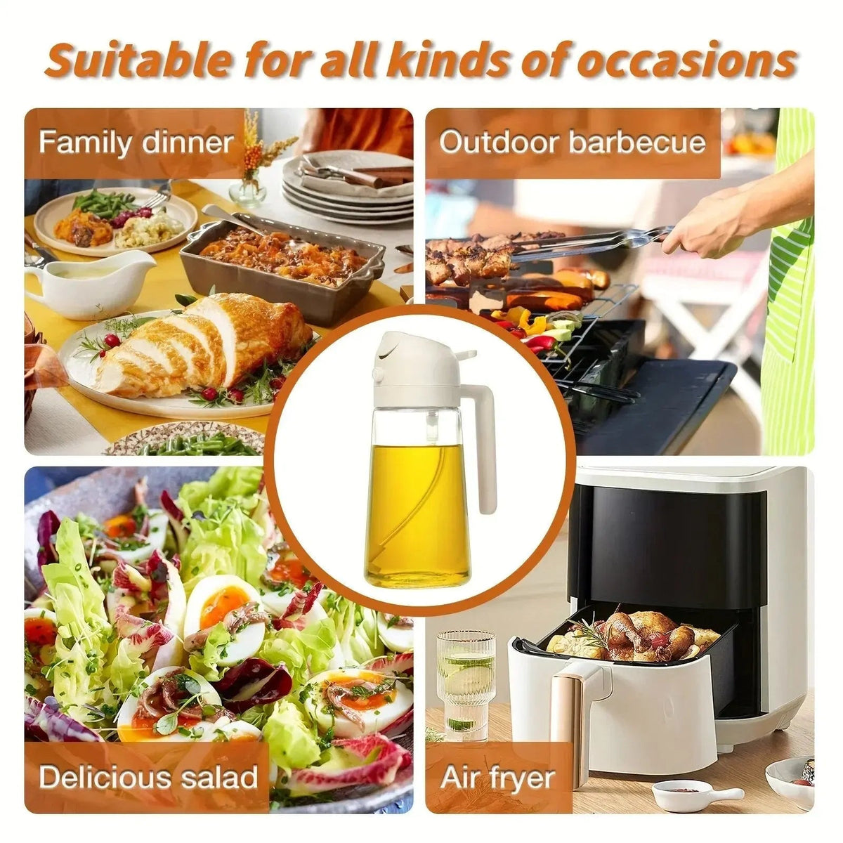 Glass Oil Mister Bottle 16.5 oz Dual Spray Pour Dispenser for Cooking Grilling Roasting Salads Air Fryer Home Kitchen