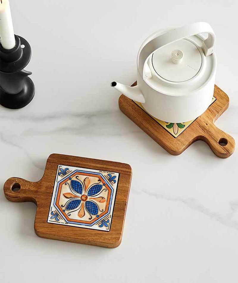 Rustic Ceramic Coaster with Solid Wood Base – Stylish Heat Resistant Drink Protector