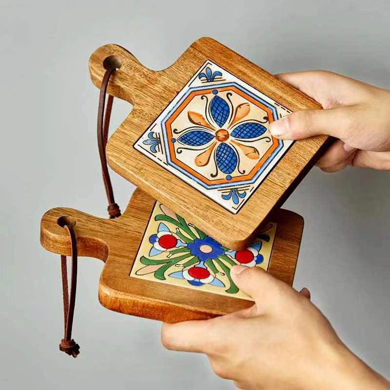 Rustic Ceramic Coaster with Solid Wood Base – Stylish Heat Resistant Drink Protector