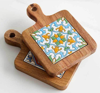 Rustic Ceramic Coaster with Solid Wood Base – Stylish Heat Resistant Drink Protector