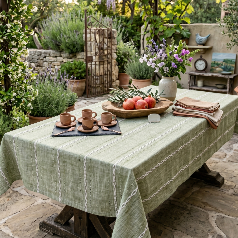 Rustic Cotton-Linen Tablecloth with Durable Striped Embroidery – Elegant Dining Table Cover