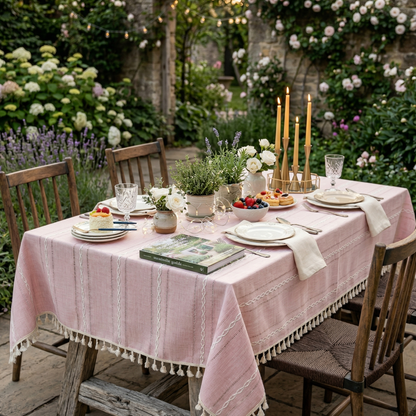 Rustic Cotton-Linen Tablecloth with Durable Striped Embroidery – Elegant Dining Table Cover