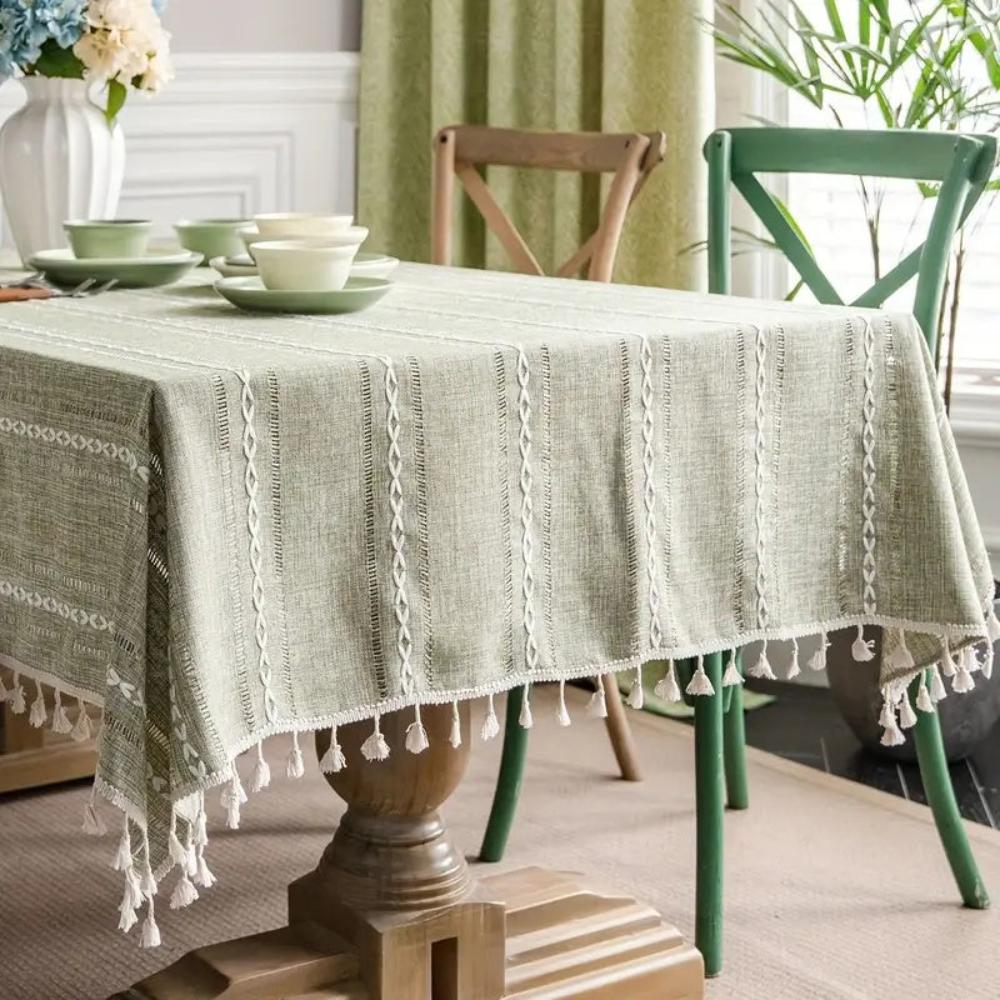 Rustic Cotton-Linen Tablecloth with Durable Striped Embroidery – Elegant Dining Table Cover