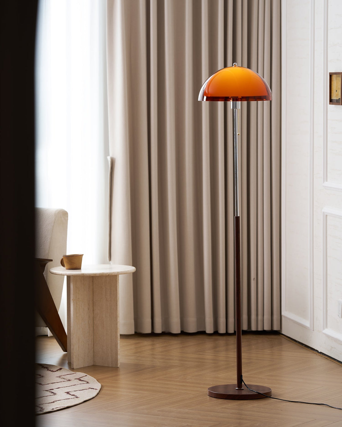 Standing Lamp with Dome Shade 60 in Tall Weighted Wooden Base Pull Switch Walnut Finish Bedroom Living Room Corner Lighting Retro Style
