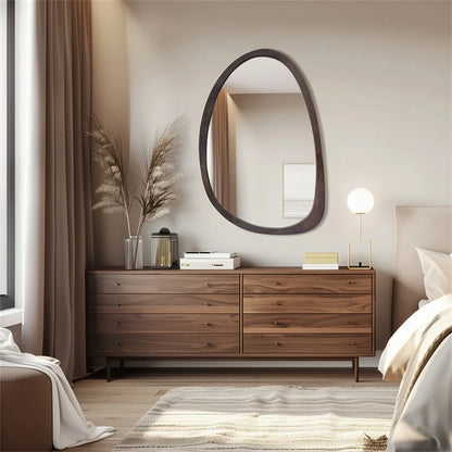Asymmetric Wooden Frame Mirror 20x28 in Walnut Finish Rubberwood Contemporary Decor for Entryway Living Room Bedroom Hallway