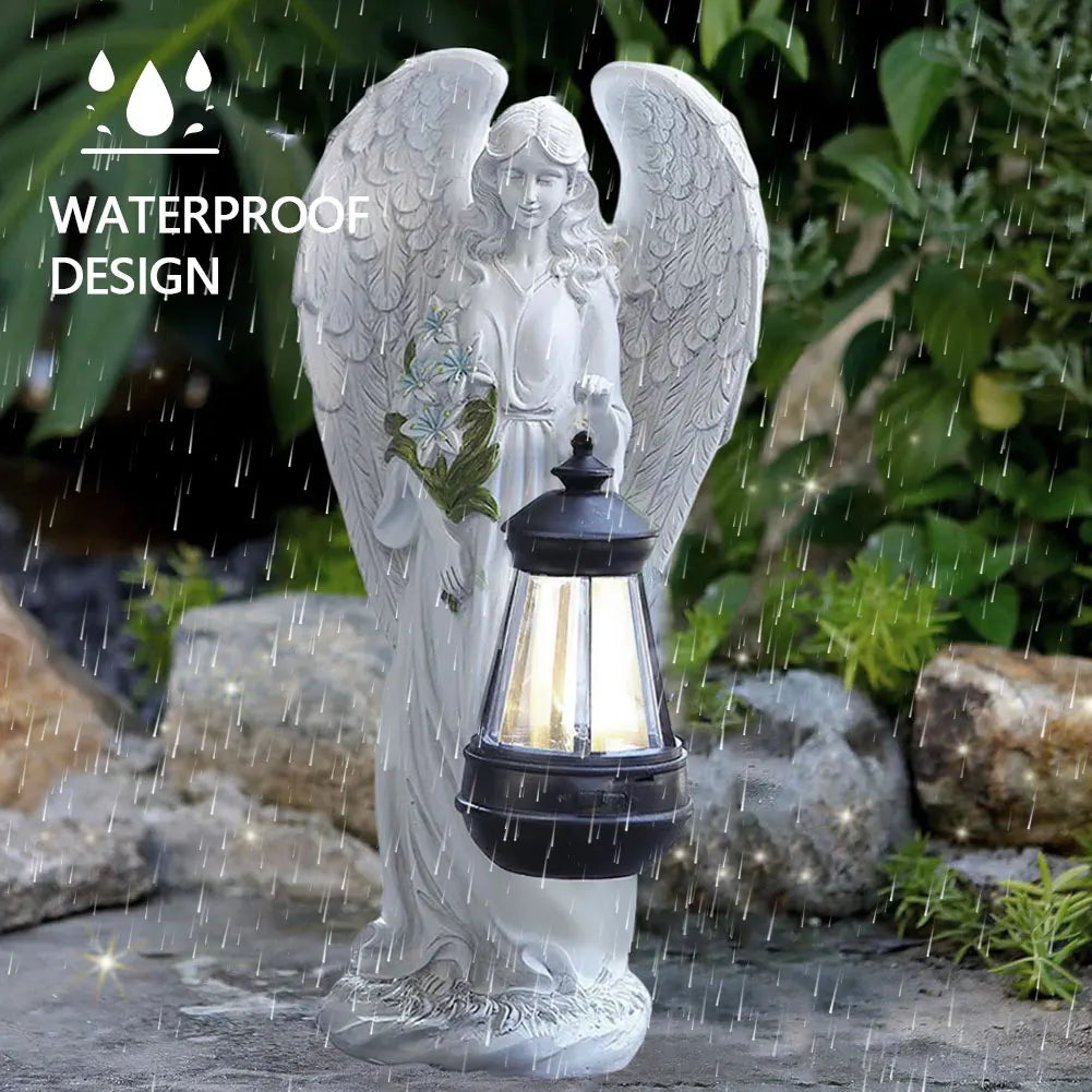 Solar Angel Figurine LED Light White Resin 12 Inch Waterproof Memorial Accent for Patio Pathway Yard Cordless Dusk to Dawn Automatic