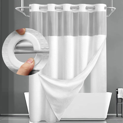Hookless Shower Curtain with Built-In Snap Liner Waffle Weave Polyester Bathroom Curtain Easy Install No Rings Needed Quick Change Design