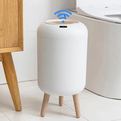Sensor Garbage Can 2.6 Gallon Automatic Lid Wood Base Small Waste Basket White Black Green for Kitchen Bathroom Bedroom Office Compact Infra