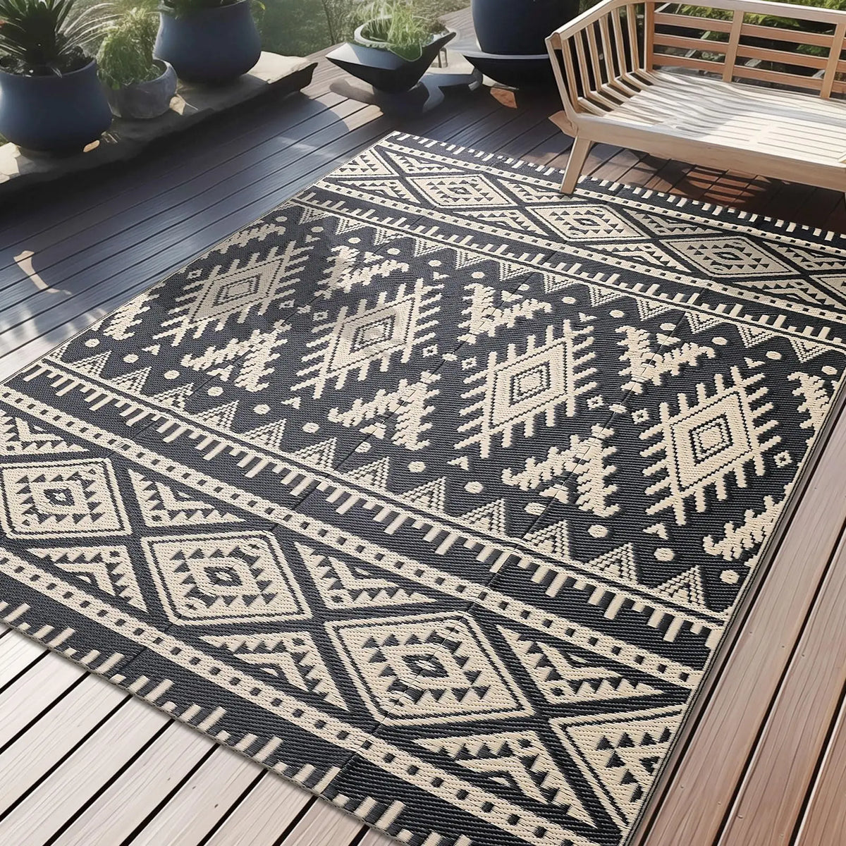 Woven Reversible Patio Mat with Braided Plastic Construction for Decks, Balconies & Camping | Weather-Resistant Geometric Floor Covering