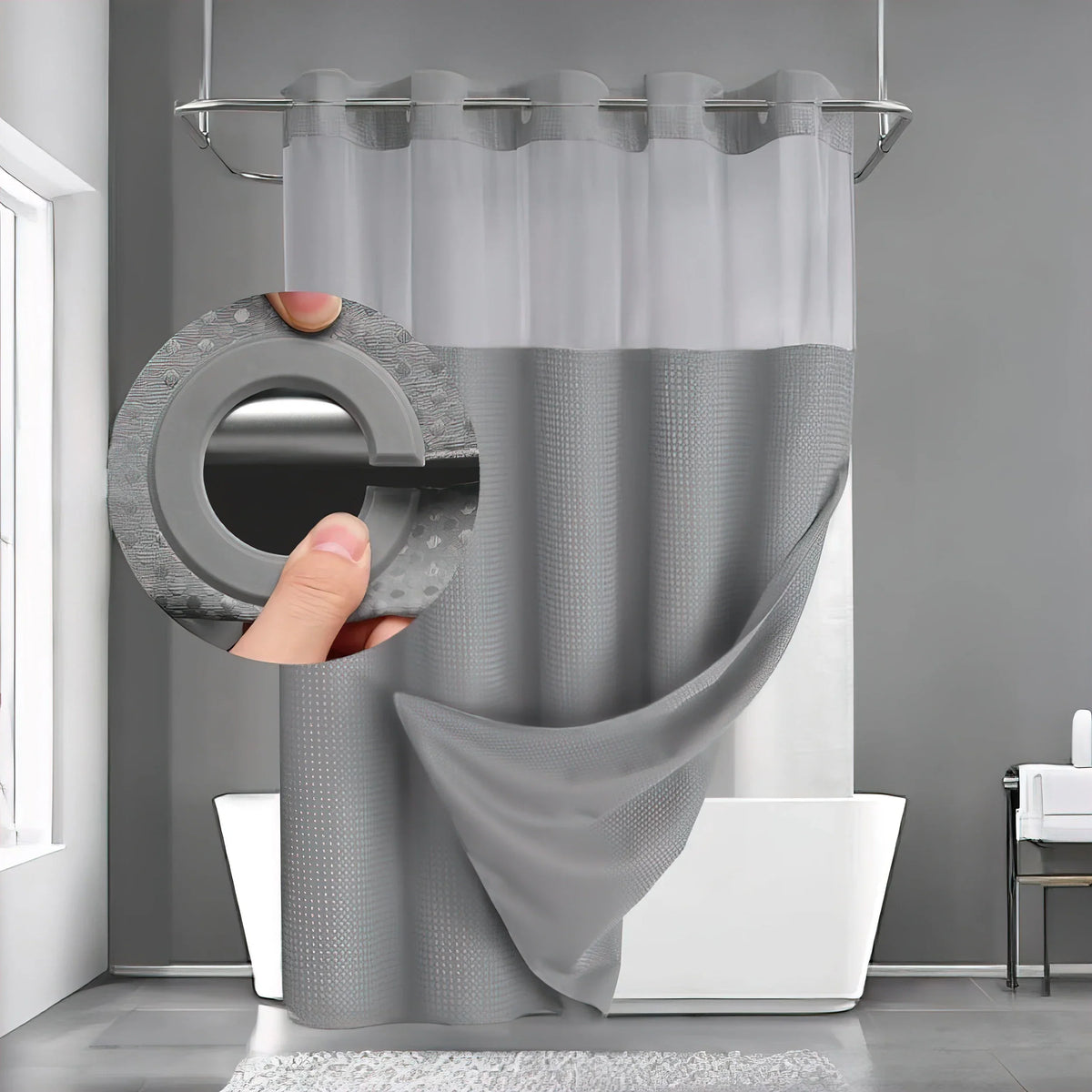 Hookless Shower Curtain with Built-In Snap Liner Waffle Weave Polyester Bathroom Curtain Easy Install No Rings Needed Quick Change Design
