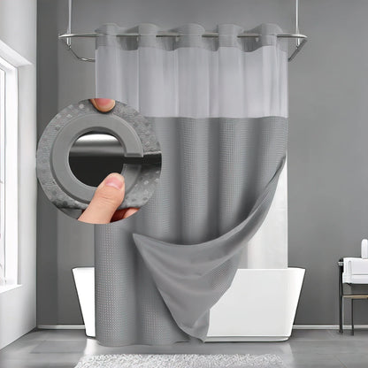 Hookless Shower Curtain with Built-In Snap Liner Waffle Weave Polyester Bathroom Curtain Easy Install No Rings Needed Quick Change Design