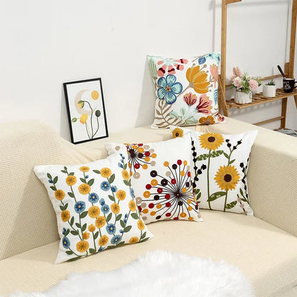 Floral Embroidered Throw Pillow Cover 18x18 Inches Cotton Canvas White Decorative Cushion Case for Couch Bed Chair Farmhouse Modern Living R