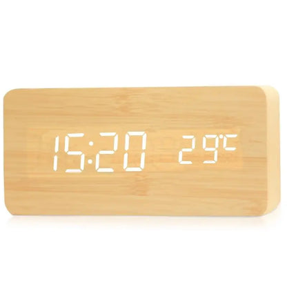 Wood Grain Digital Alarm Clock with LED Display – Silent No-Tick Design for Bedroom, Nightstand & Desk – Battery or USB Powered Timepiece