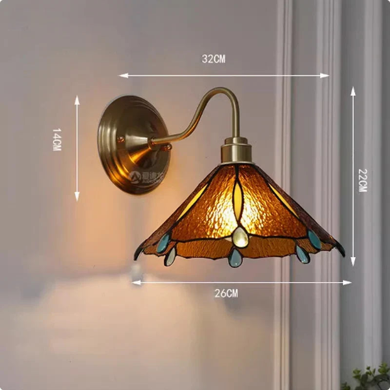 Tiffany-Style Glass Sconce with Curved Copper Arm E27 Socket 11 in x 8 in Bedroom Hallway Accent Light for Living Room Study Bathroom