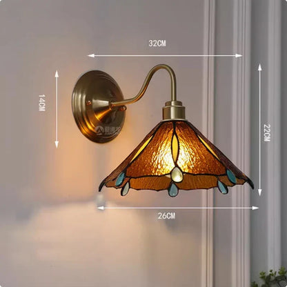 Tiffany-Style Glass Sconce with Curved Copper Arm E27 Socket 11 in x 8 in Bedroom Hallway Accent Light for Living Room Study Bathroom