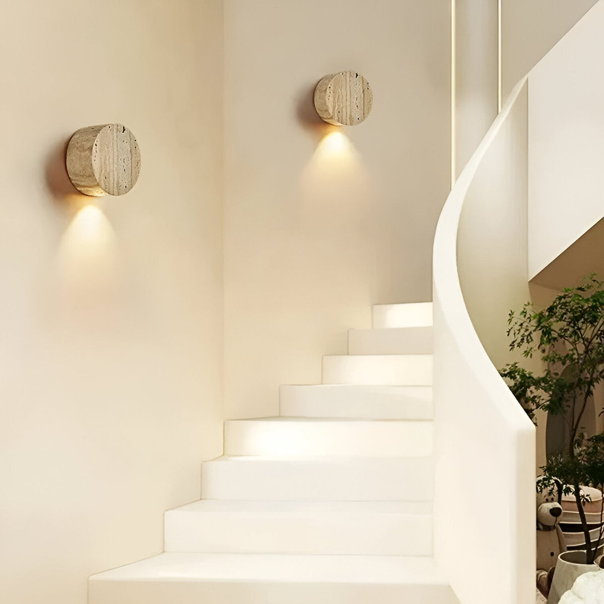 Travertine Stone Wall Sconce Round Frosted Glass Up Down Light Fixture 4 Inch Natural Stone Ambient Lighting Bedroom Hallway Entryway Bathro