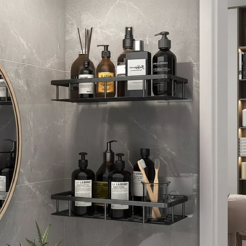 Wall-Mounted Corner Organizer Rack ABS Adhesive No-Drill Bathroom Caddy Triangle Rectangle Shape Holds Shampoo Soap Toiletries for Small Spa