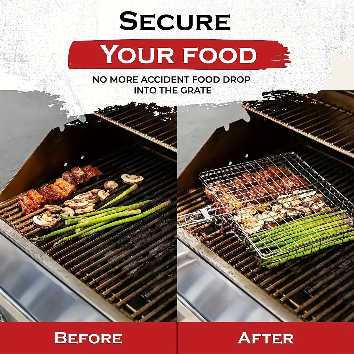 Folding Grill Basket with Non-Stick Coating for Vegetables, Fish & Steak – Heat-Resistant Stainless Steel BBQ Grilling Accessory for