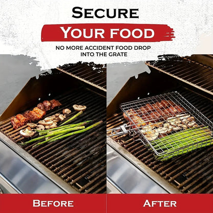 Folding Grill Basket with Non-Stick Coating for Vegetables, Fish & Steak – Heat-Resistant Stainless Steel BBQ Grilling Accessory for