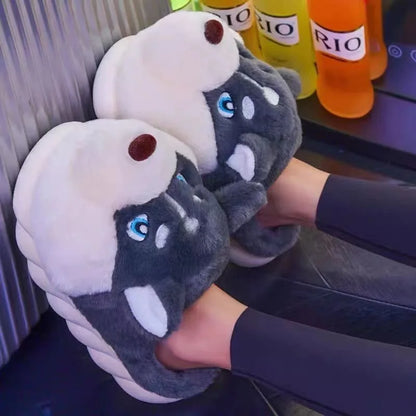 Plush Husky Slippers for Women & Men – Soft Animal House Shoes with Rubber Sole for Indoor Warmth & Cozy Comfort at Home
