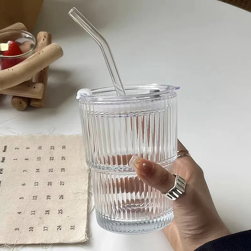 Glass Travel Tumbler with Straw & Lid for Coffee, Tea & Juice - Insulated Borosilicate Cup with Ribbed Design - Reusable Portable Drinkware