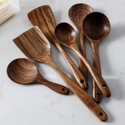 Natural Wood Kitchen Utensil Set 8-Piece with Display Stand for Cooking and Serving Non-Stick Cookware Safe Tools