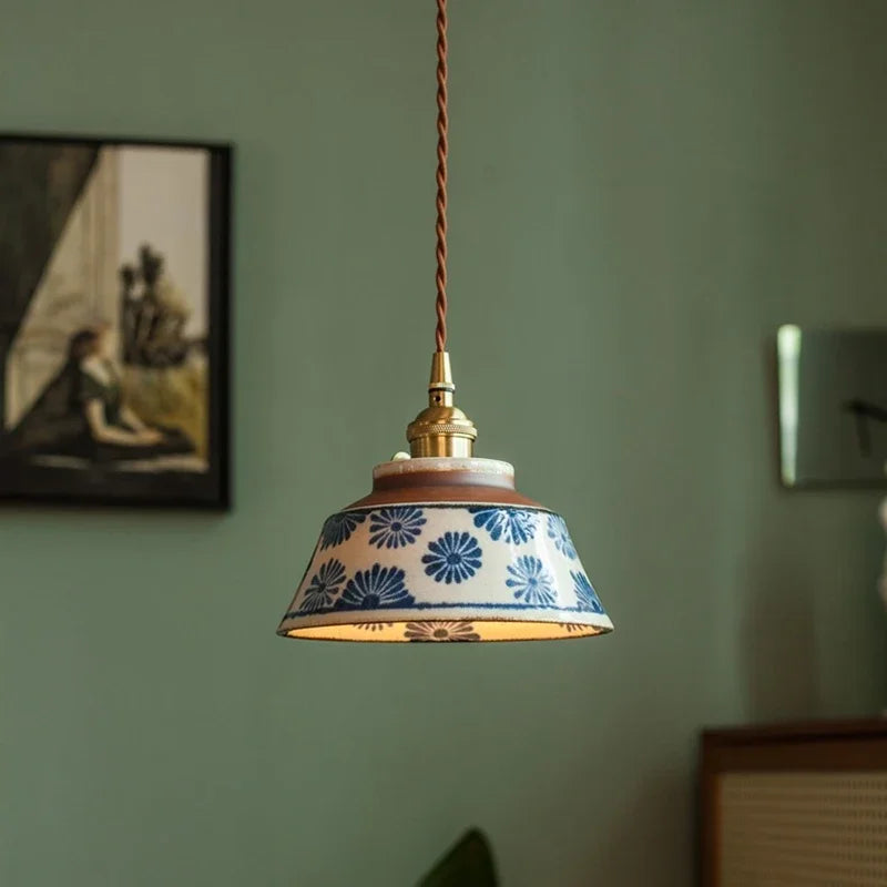 Ceramic Hanging Light Fixture with Unique Floral Designs for Kitchen, Dining Room, Cafe | Artisan Crafted Copper Hardware Pendant Lamp