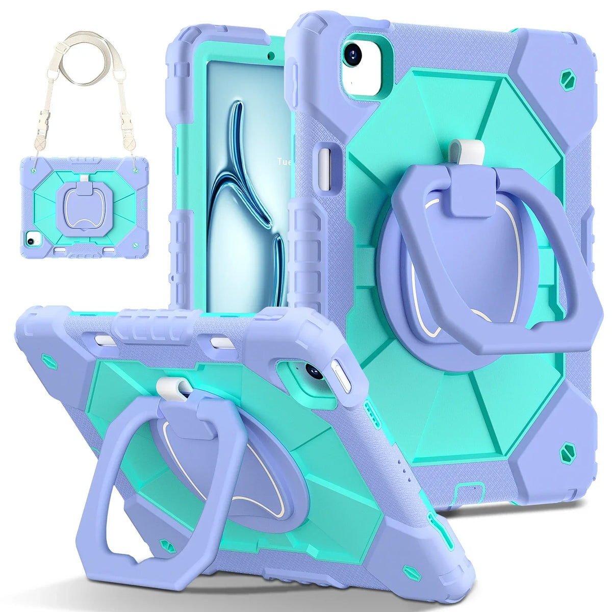 Triple-Layer iPad Protective Case with 360° Rotating Hand Grip, Integrated Kickstand & Shoulder Strap | Tempered Glass Screen Protector