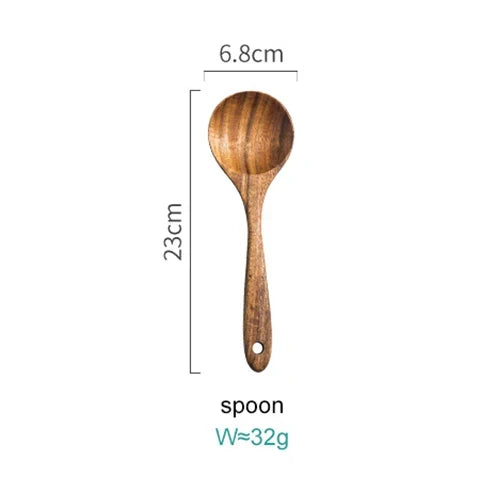 Natural Wood Kitchen Utensil Set 8-Piece with Display Stand for Cooking and Serving Non-Stick Cookware Safe Tools