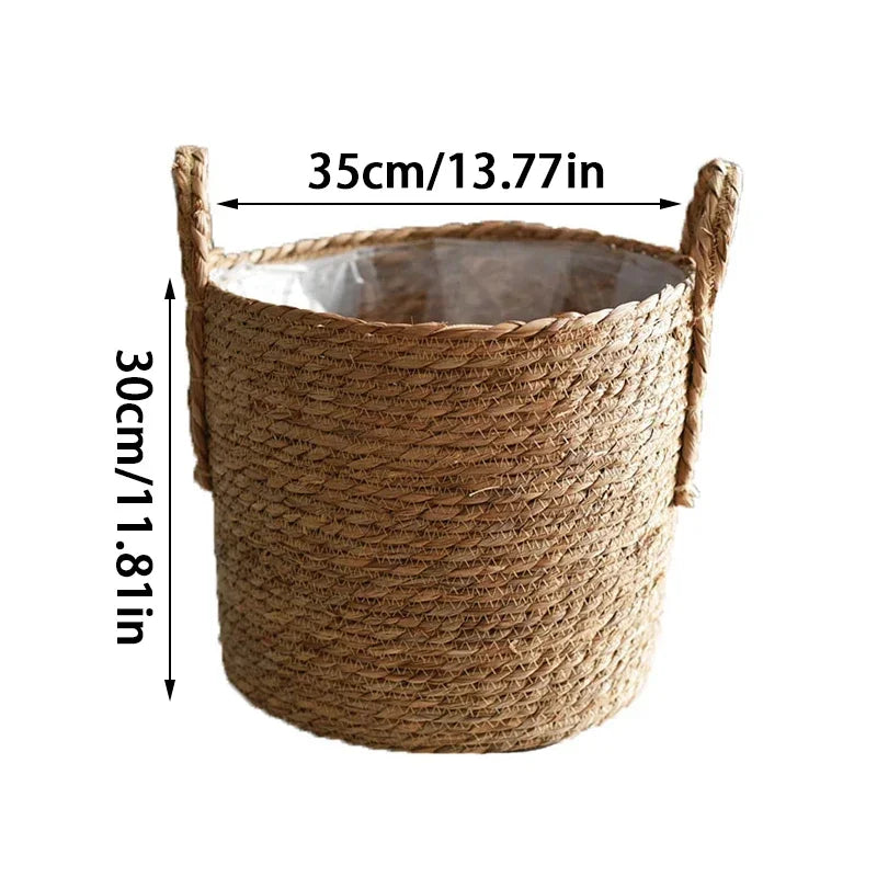 Handwoven Seagrass Basket with Handles for Indoor Plants Outdoor Pots Storage Organizer Natural Fiber Boho Decor Rustic Farmhouse