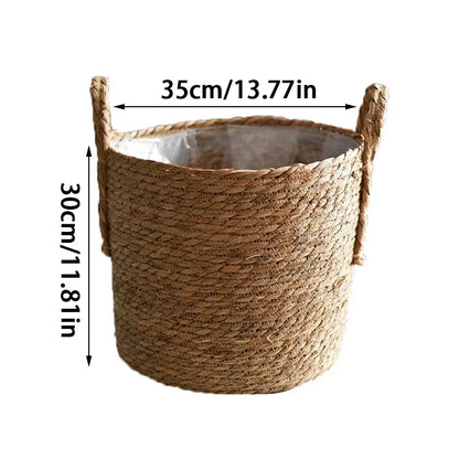 Handwoven Seagrass Basket with Handles for Indoor Plants Outdoor Pots Storage Organizer Natural Fiber Boho Decor Rustic Farmhouse