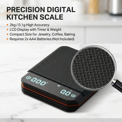 Digital Kitchen Scale with Built-In Timer for Espresso Coffee Brewing Precision Weighing 0.1g to 70.5oz Rechargeable USB-C Barista Tool Home