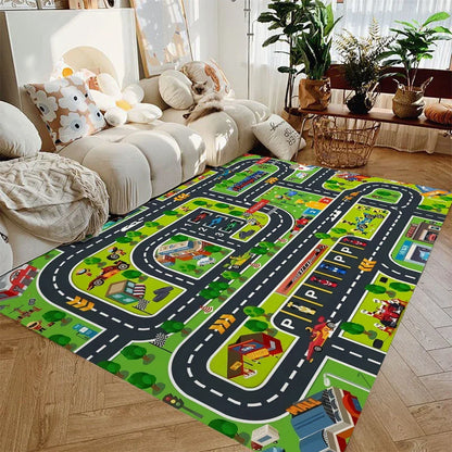 Kids Road Map Area Rug Soft Flannel Non-Slip City Streets for Toy Cars Playroom Bedroom Nursery 4 ft × 5 ft Washable Floor Mat for Toddlers