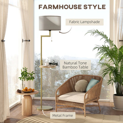 Arc Floor Lamp with Bamboo Shelf and USB Charging Port 67 inch Gold Steel Frame Beige Linen Shade Reading Light for Bedroom Living Room Home