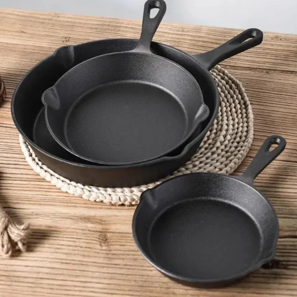 Cast Iron Skillet Set 3-Piece 6.3 8 10 Inch Black Uncoated Frying Pans Gas Electric Induction Campfire Cookware Stovetop to Oven Kitchen