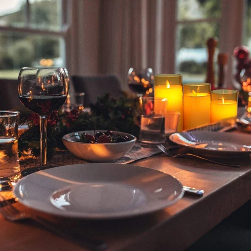 Battery-Operated LED Pillar Candles with Remote Control Timer Set of 3 Realistic Flickering Light Amber Smoke Clear Glass for Dining Room Be