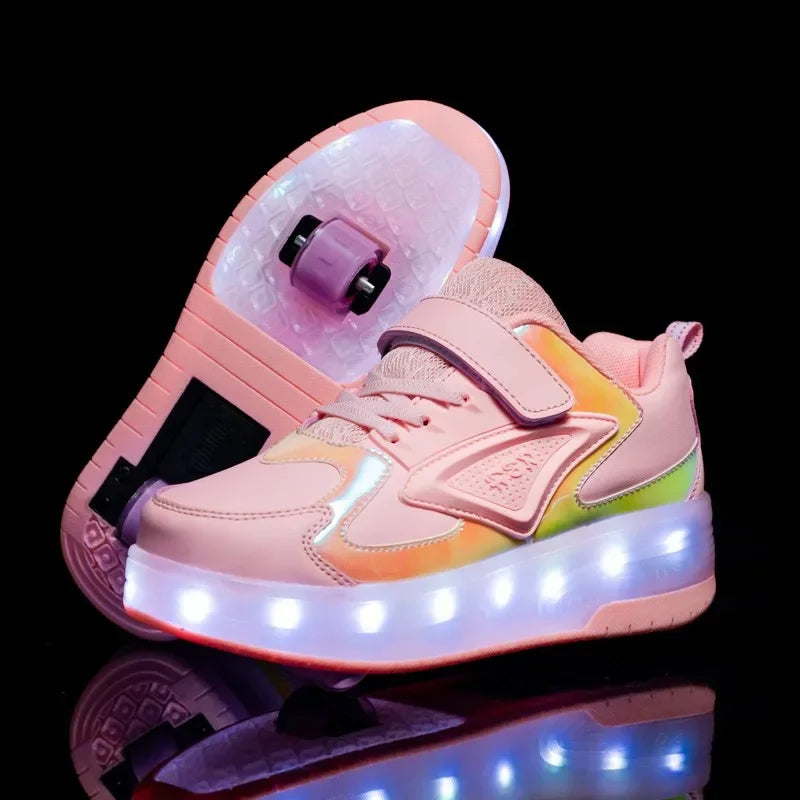 Kids Light-Up Skate Sneakers with Wheels Pink LED Roller Shoes Velcro Strap Boys Girls Youth Rechargeable Glowing Athletic Footwear