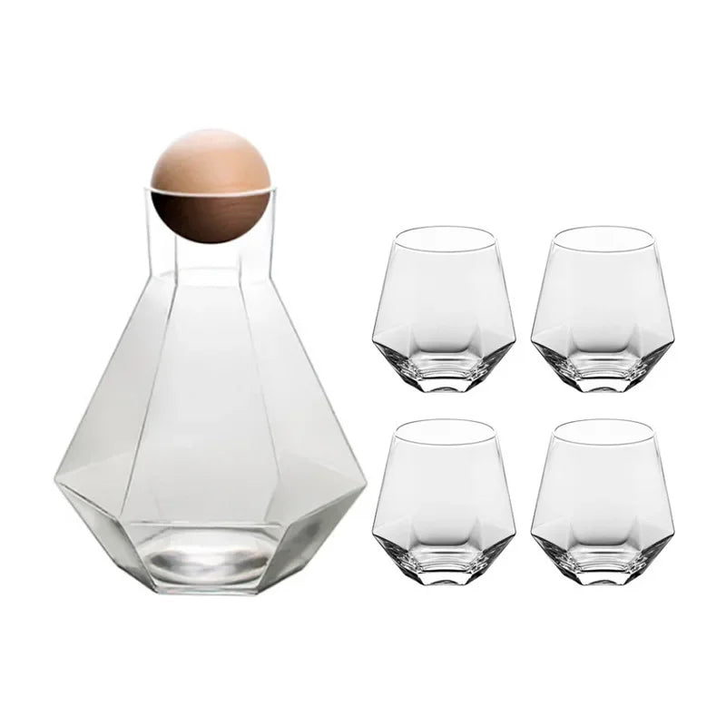 Crystal-Clear Beverage Pitcher & Tumbler Set with Geometric Faceted Design for Home Bar, Kitchen & Dining Room Entertaining
