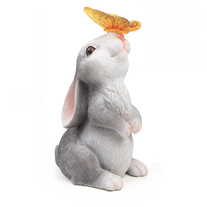 Solar Bunny Statue with LED Lights 9 Inch Tall White Gray Resin Weather-Resistant Outdoor Yard Decor Illuminated Butterfly Accent for Patio