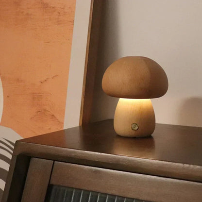 Rechargeable LED Mushroom Night Light with Touch Dimmer for Bedside, Nursery & Kids Room | Cordless Wooden Lamp