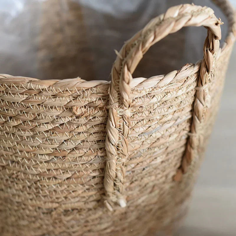 Handwoven Seagrass Basket with Handles for Indoor Plants Outdoor Pots Storage Organizer Natural Fiber Boho Decor Rustic Farmhouse