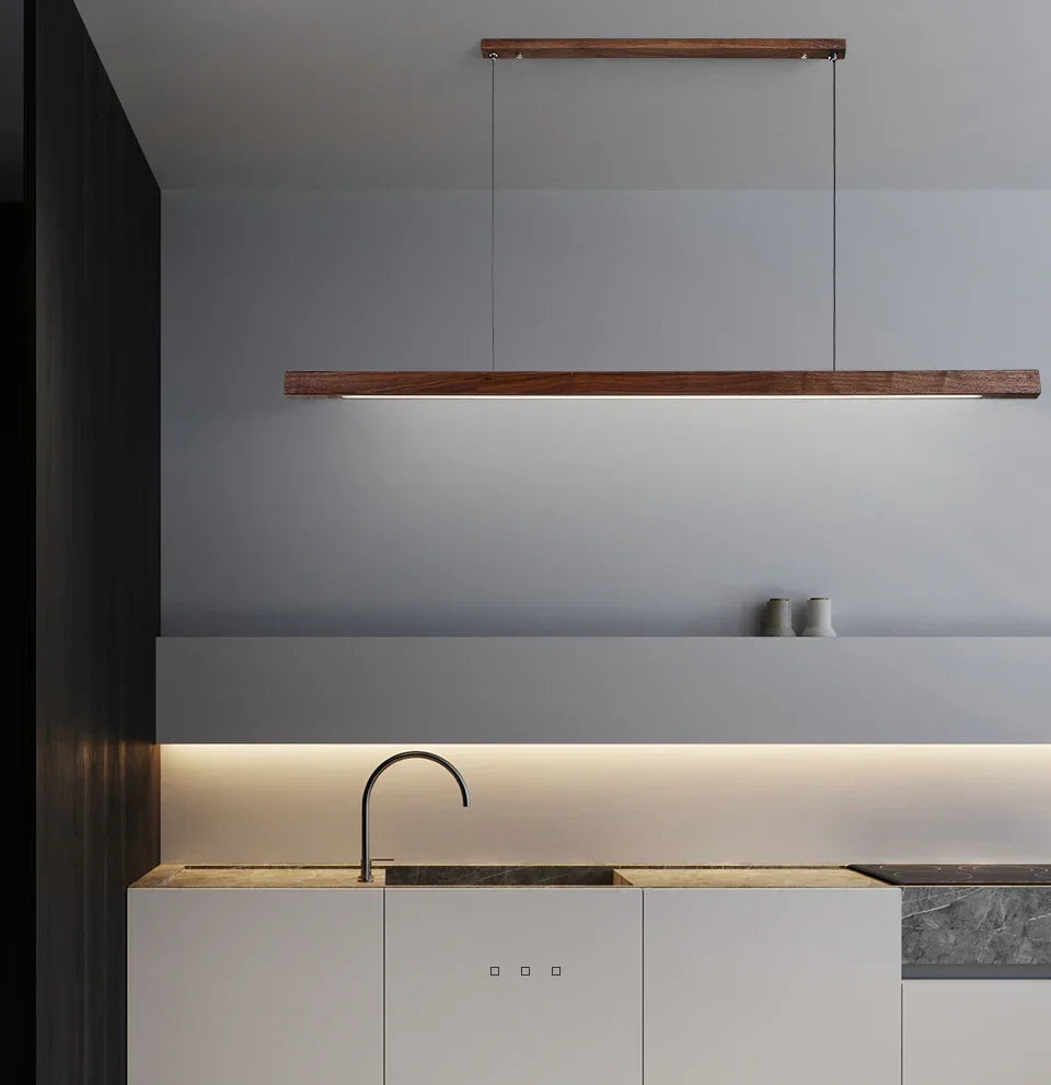 LED Wood Dining Room Fixture 47-Inch Linear Hanging Light Adjustable Height Island Chandelier Natural Pine Kitchen Suspended Lighting Modern