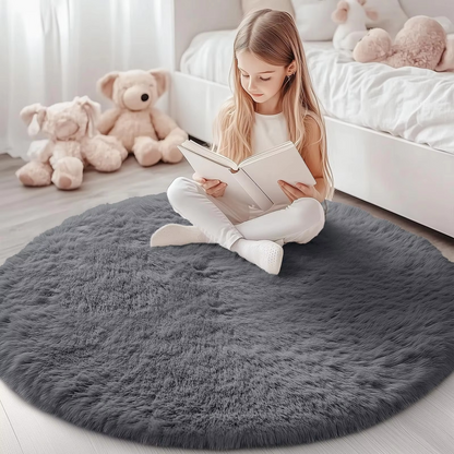 Round Shag Area Rug 59 Inch – Ultra Soft Plush Circle Carpet for Living Room Bedroom Playroom Nursery – Non-Slip Backing Machine Washable