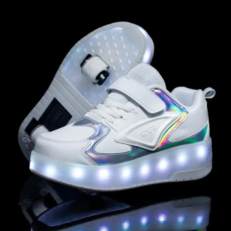 Kids Light-Up Skate Sneakers with Wheels Pink LED Roller Shoes Velcro Strap Boys Girls Youth Rechargeable Glowing Athletic Footwear